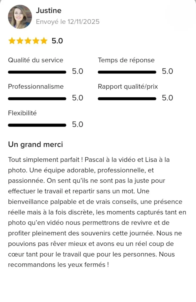 Avis laissé par Justine sur mariages.net